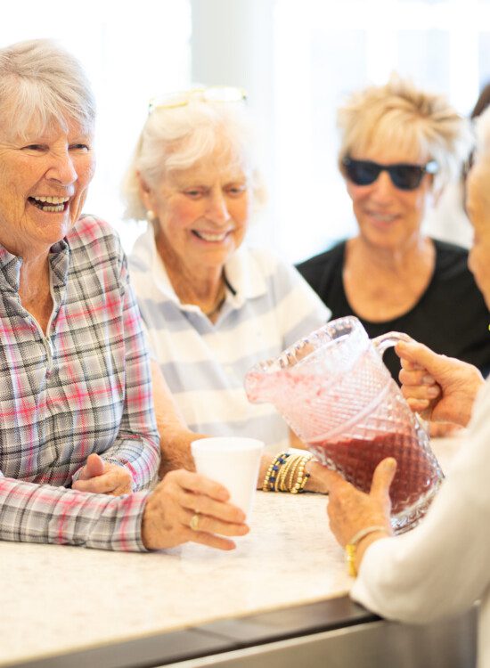 group of senior women smile and enjoy homemade smoothies