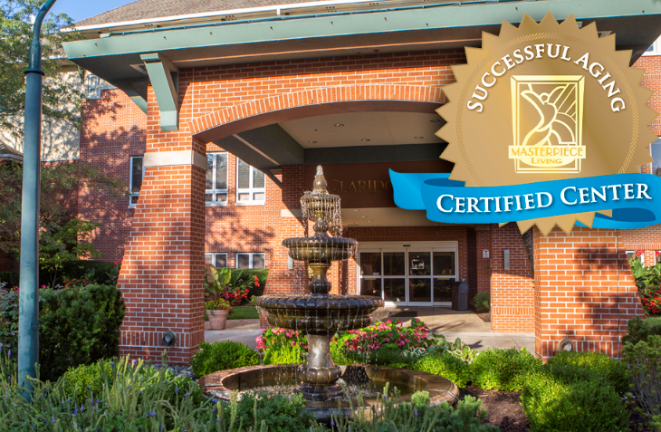 image of Claridge Court Senior Living Community entrance and fountain, overlaid with a badge denoting "Successful Aging, Certified Center" distinction